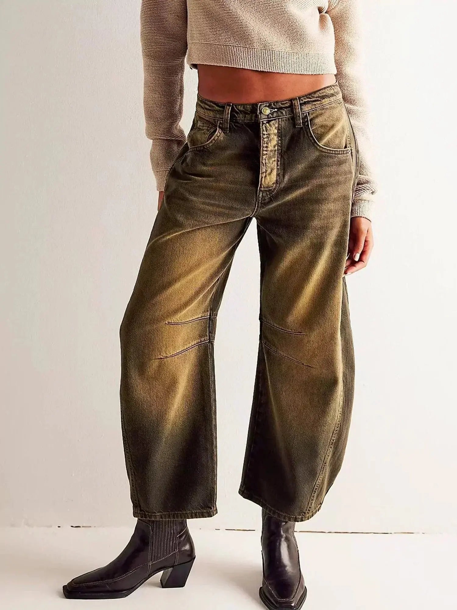 Wide Leg High Waisted Denim Jeans Animal Print Straight - Light Brown