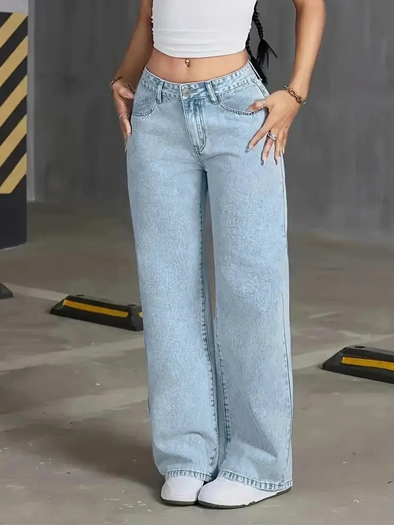 Wide Leg High Waisted Denim Jeans Relaxed Fit - Blue