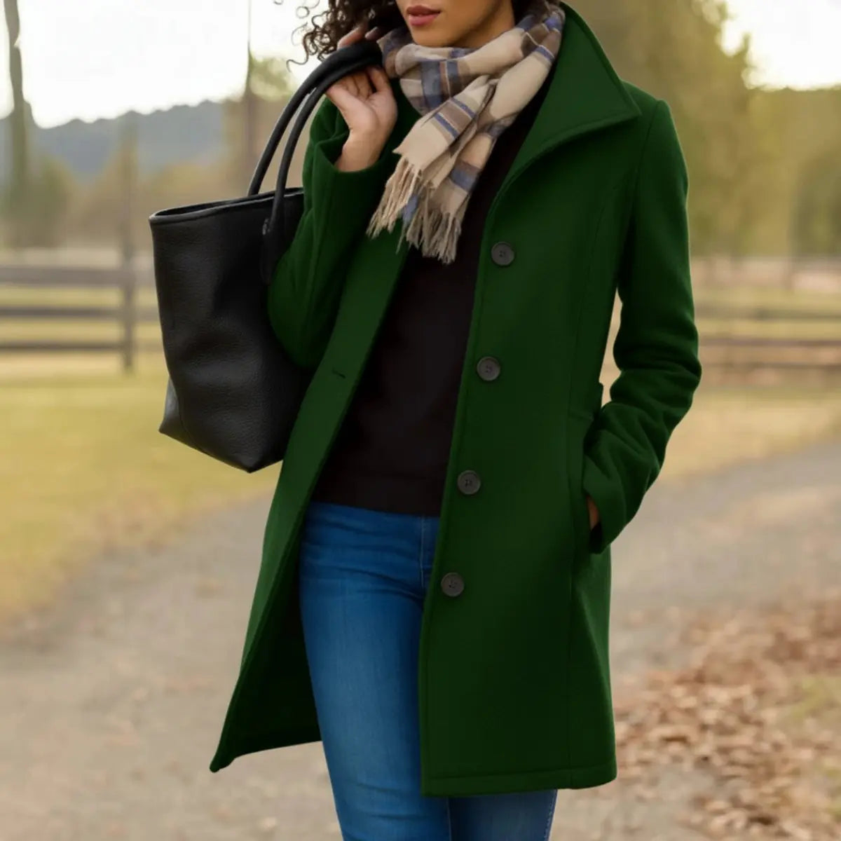 Women Coat Classic Mid-Length Single-Breasted Button Overcoat - Dark Green