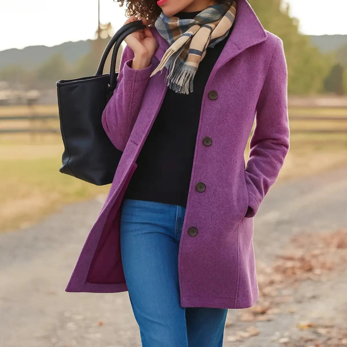 Women Coat Classic Mid-Length Single-Breasted Button Overcoat - Purple