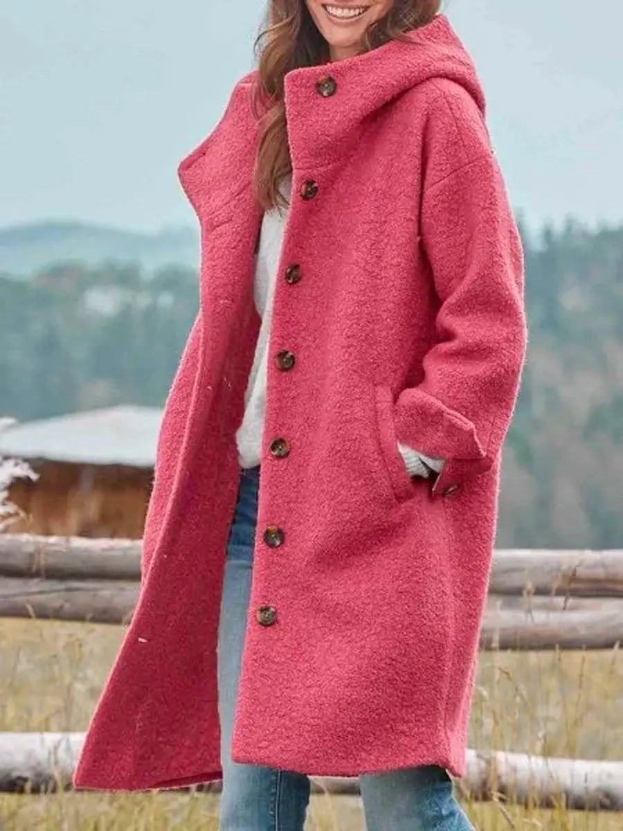 Women Coat Hooded Fleece Long Button-Up Casual Overcoat - Pink