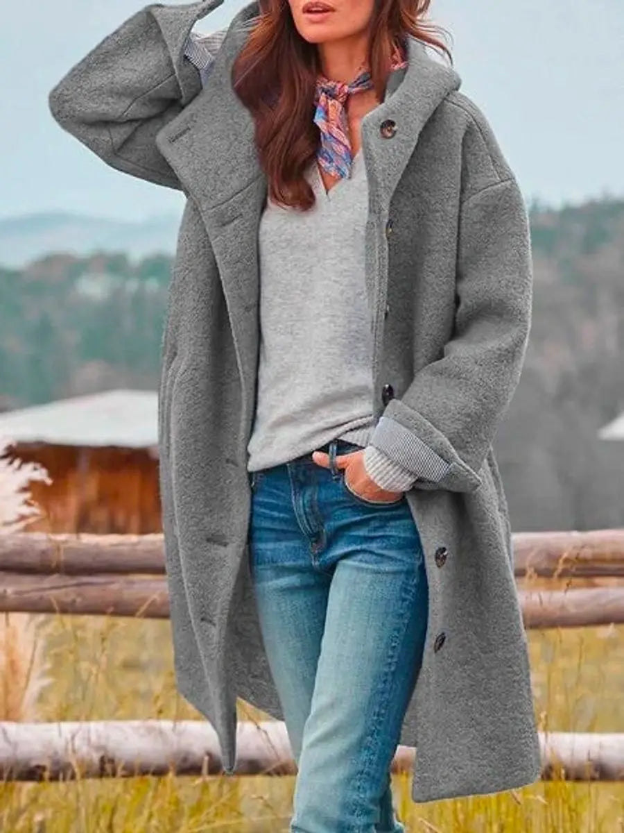 Women Coat Hooded Fleece Long Button-Up Casual Overcoat - Grey
