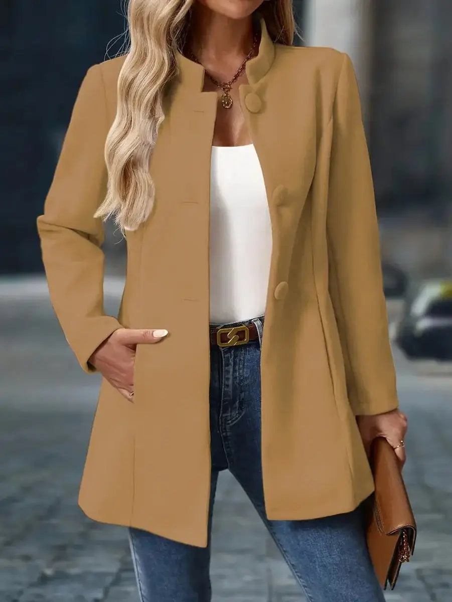 Women Coat Stand Collar Button-Front Longline Blazer Jacket - Camel