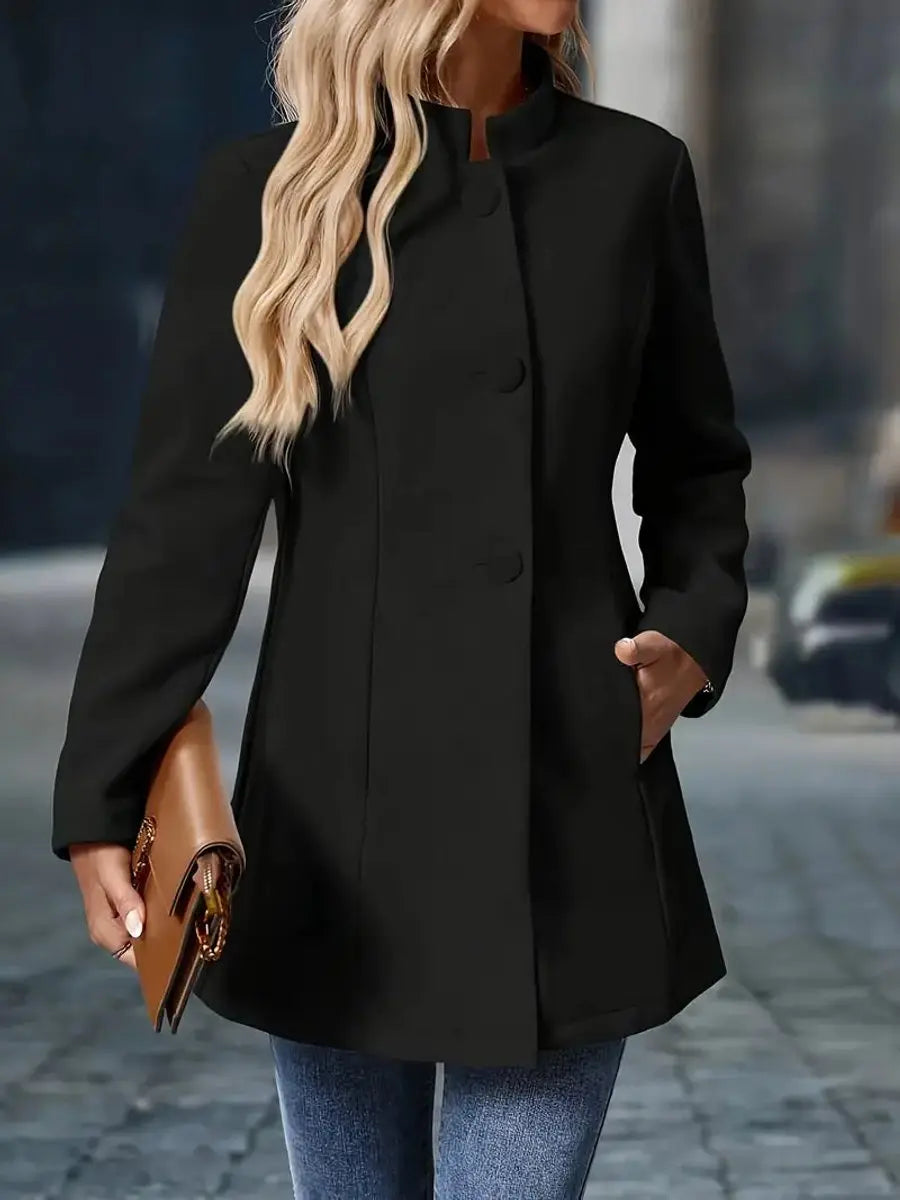 Women Coat Stand Collar Button-Front Longline Blazer Jacket