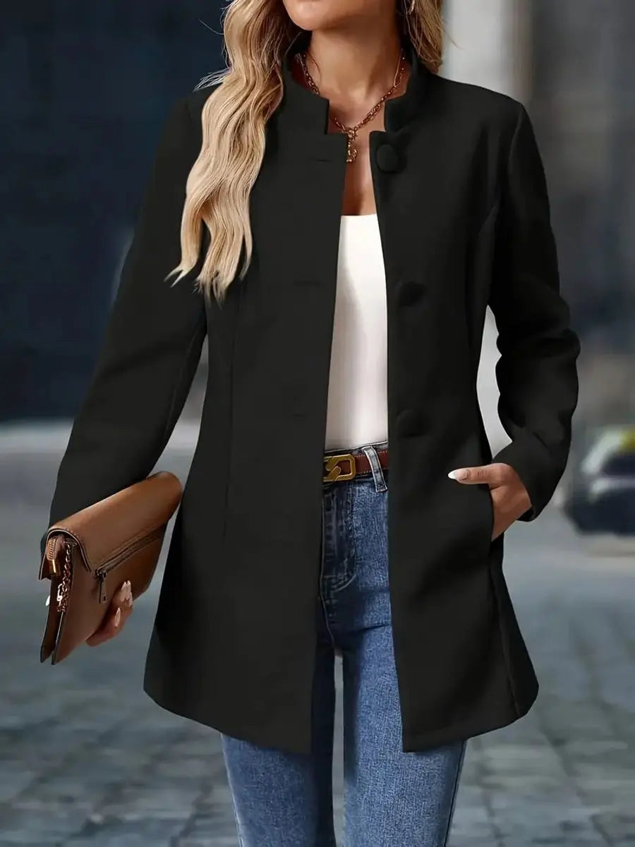 Women Coat Stand Collar Button-Front Longline Blazer Jacket