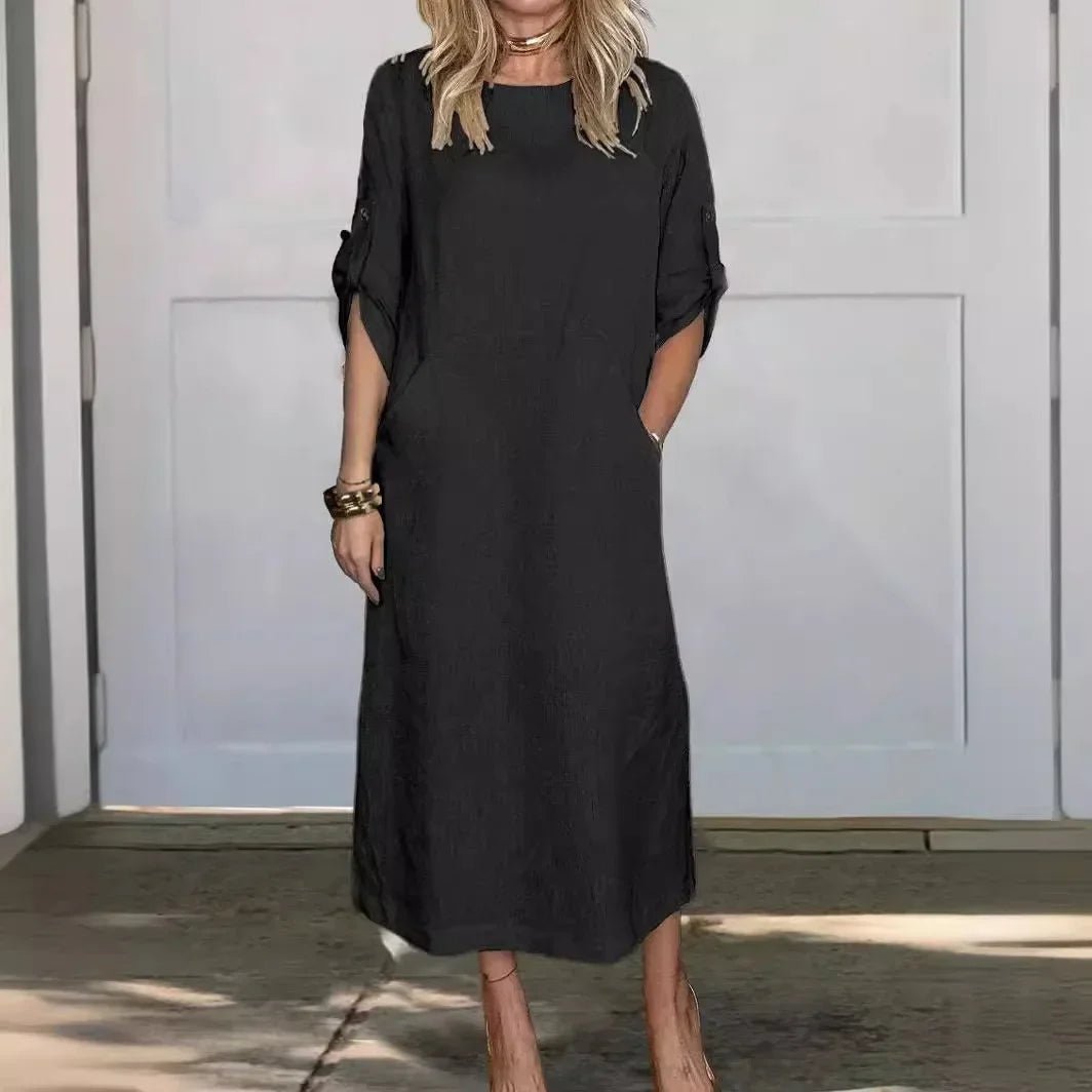 Women's A-Line Loose Fit Midi Dress - Black