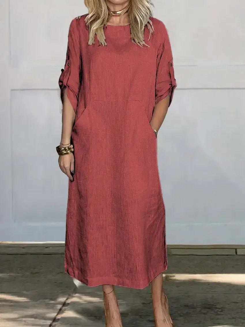 Women's A-Line Loose Fit Midi Dress - Red