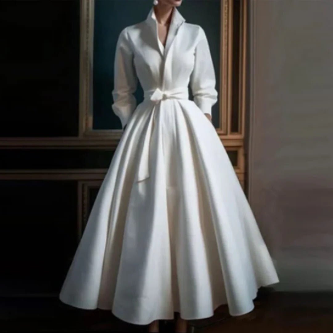 Women's A-Line Midi Dress Long Sleeve V-Neck Belted - White