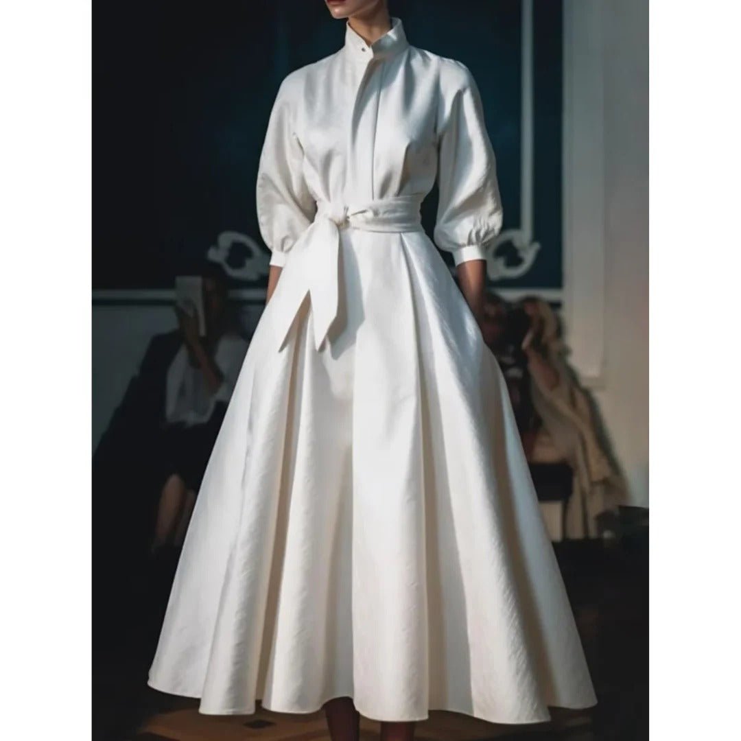 Women's A-Line Midi Dress Long Sleeve V-Neck Belted