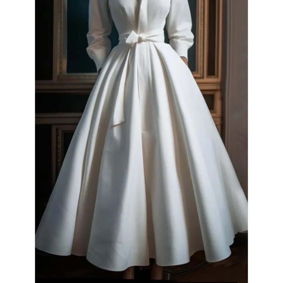 Women's A-Line Midi Dress Long Sleeve V-Neck Belted