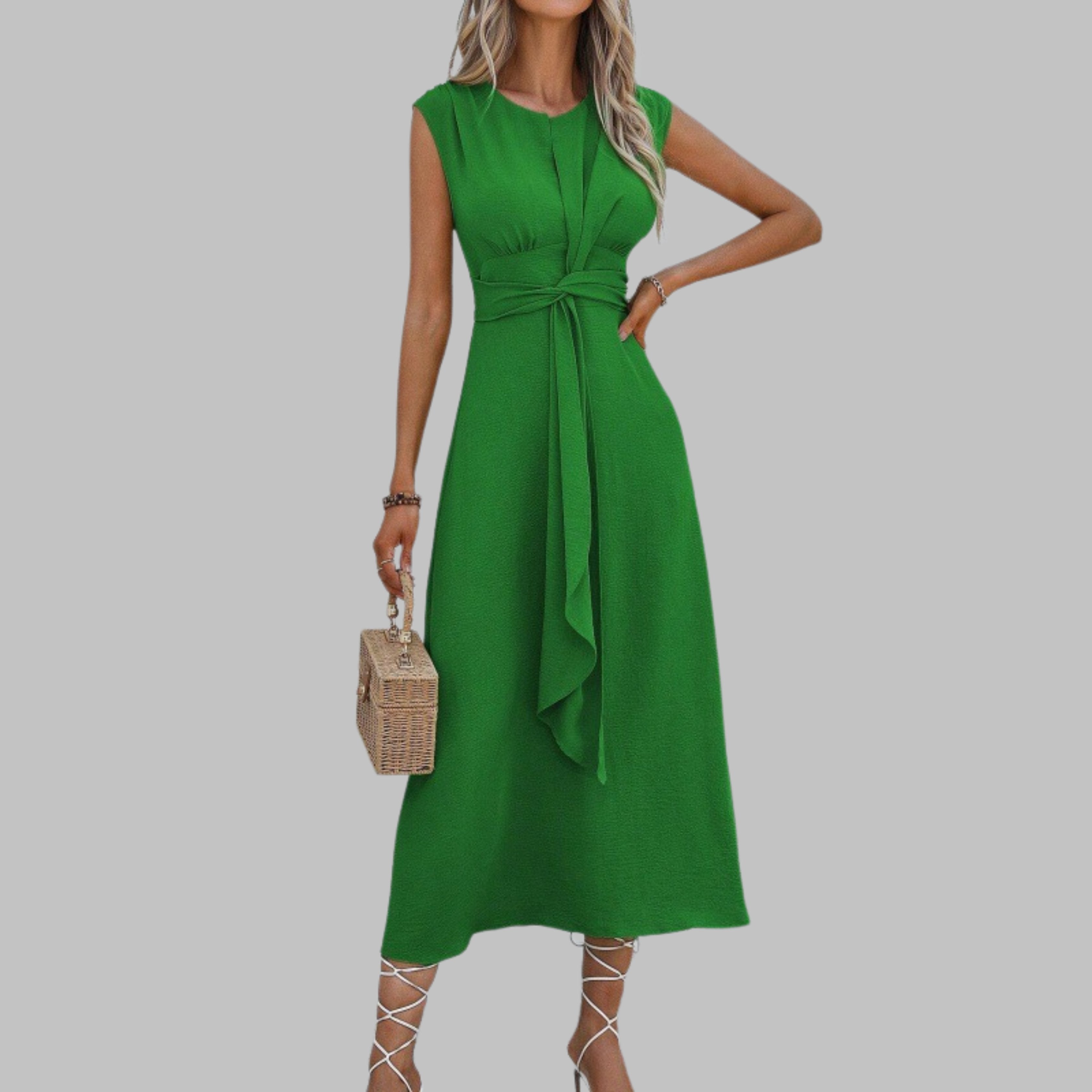 Women's A-Line Midi Dress Sleeveless Self-Tie Belt - Green