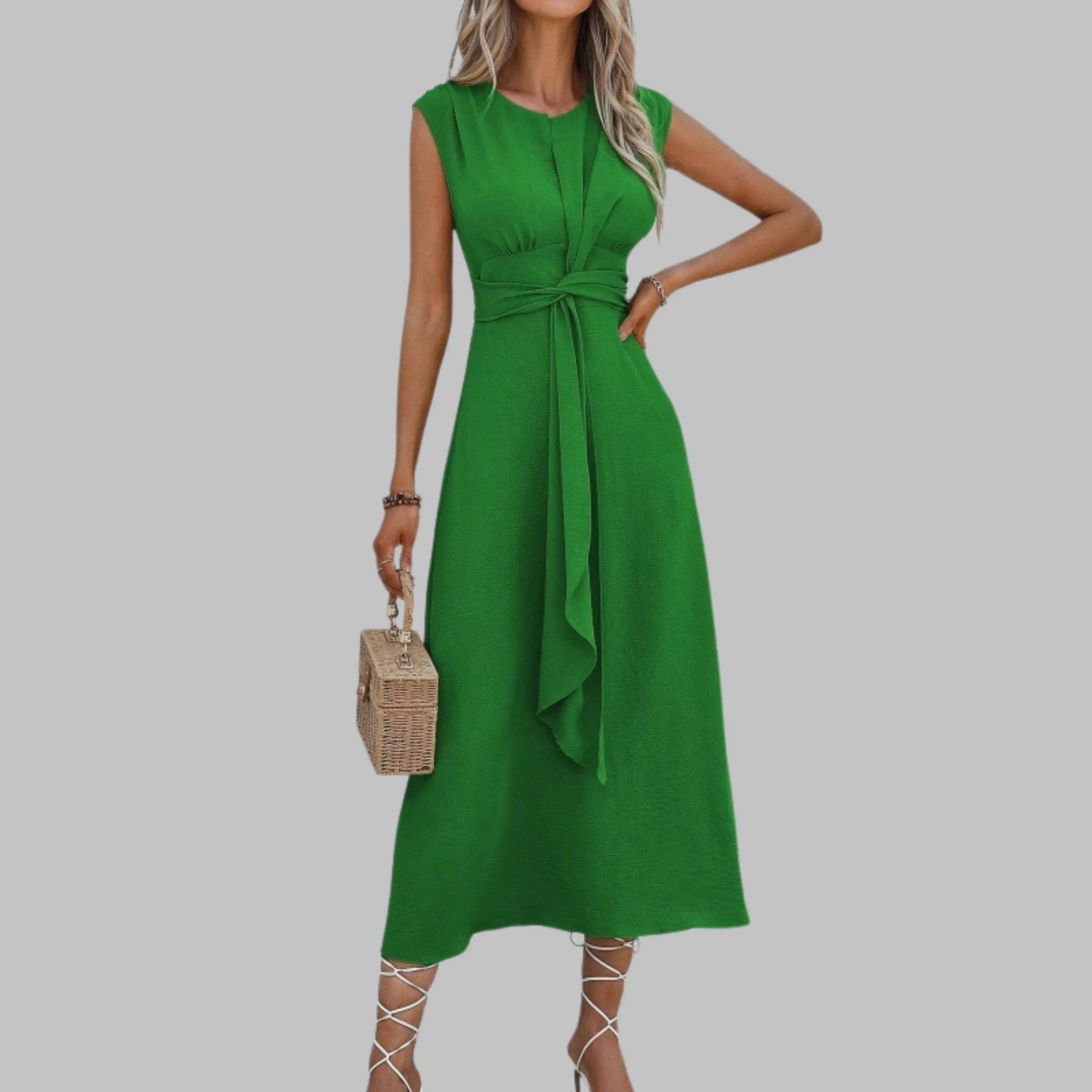 Women's A-Line Midi Dress Sleeveless Self-Tie Belt - Green