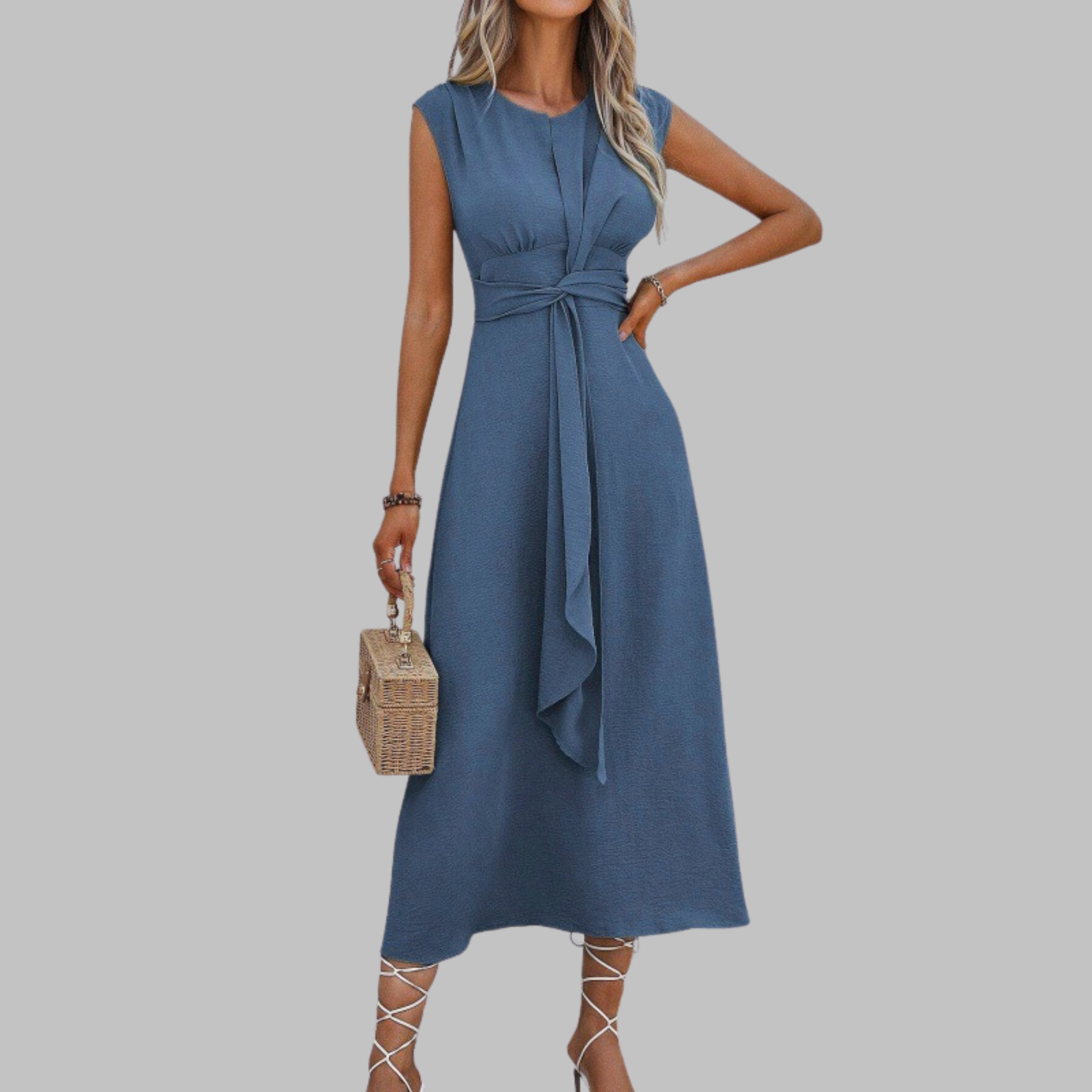 Women's A-Line Midi Dress Sleeveless Self-Tie Belt - Blue