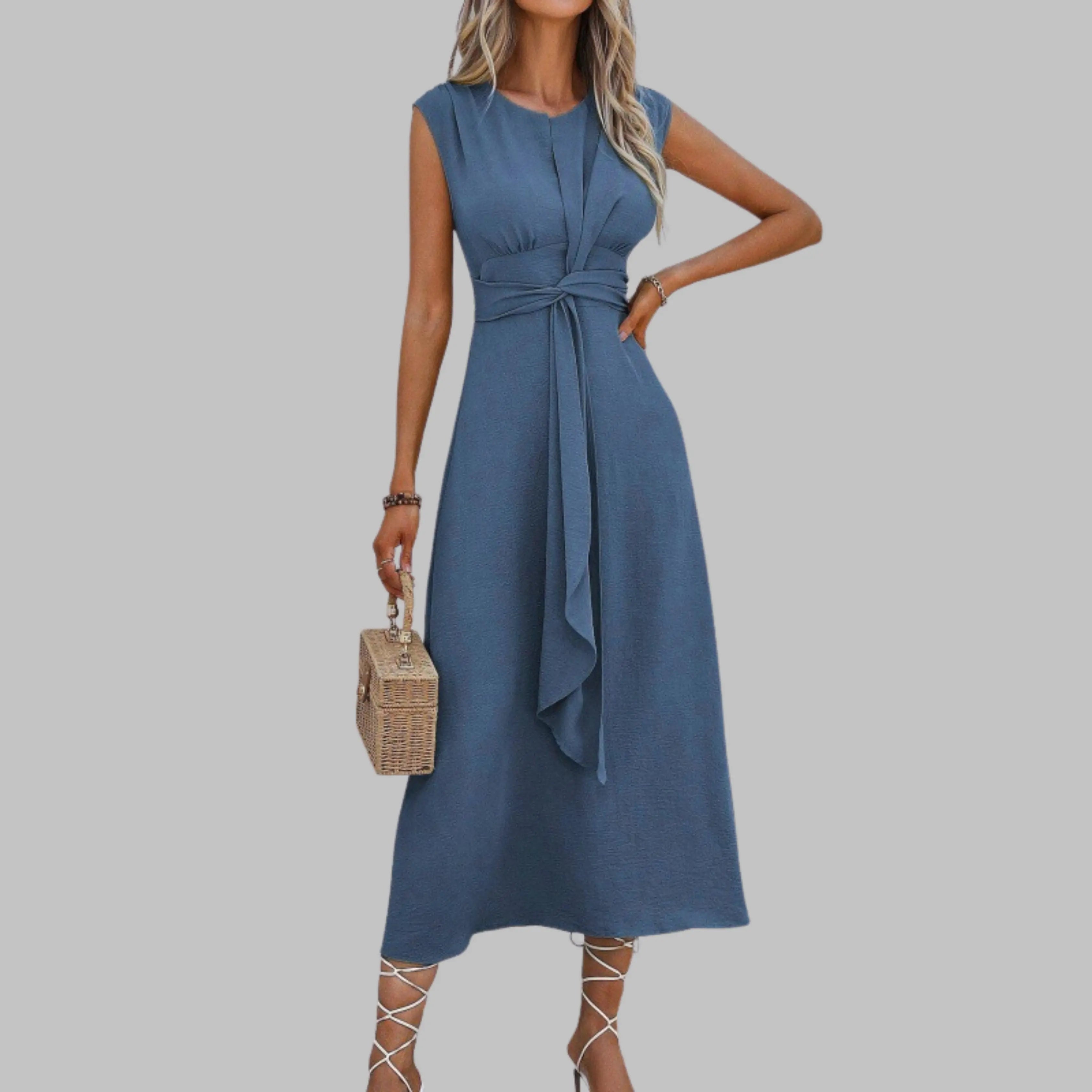 Women's A-Line Midi Dress Sleeveless Self-Tie Belt - Blue