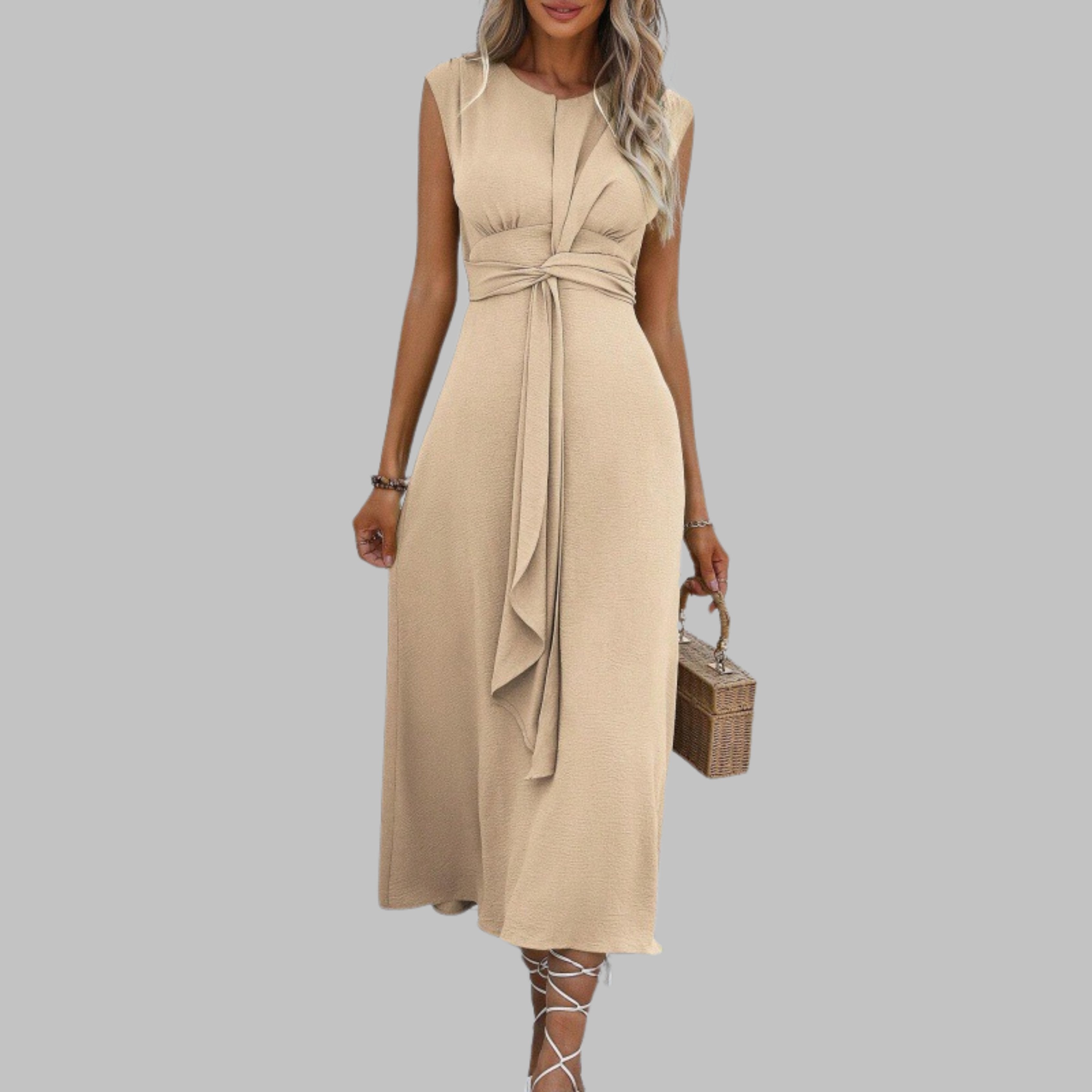 Women's A-Line Midi Dress Sleeveless Self-Tie Belt - Apricot
