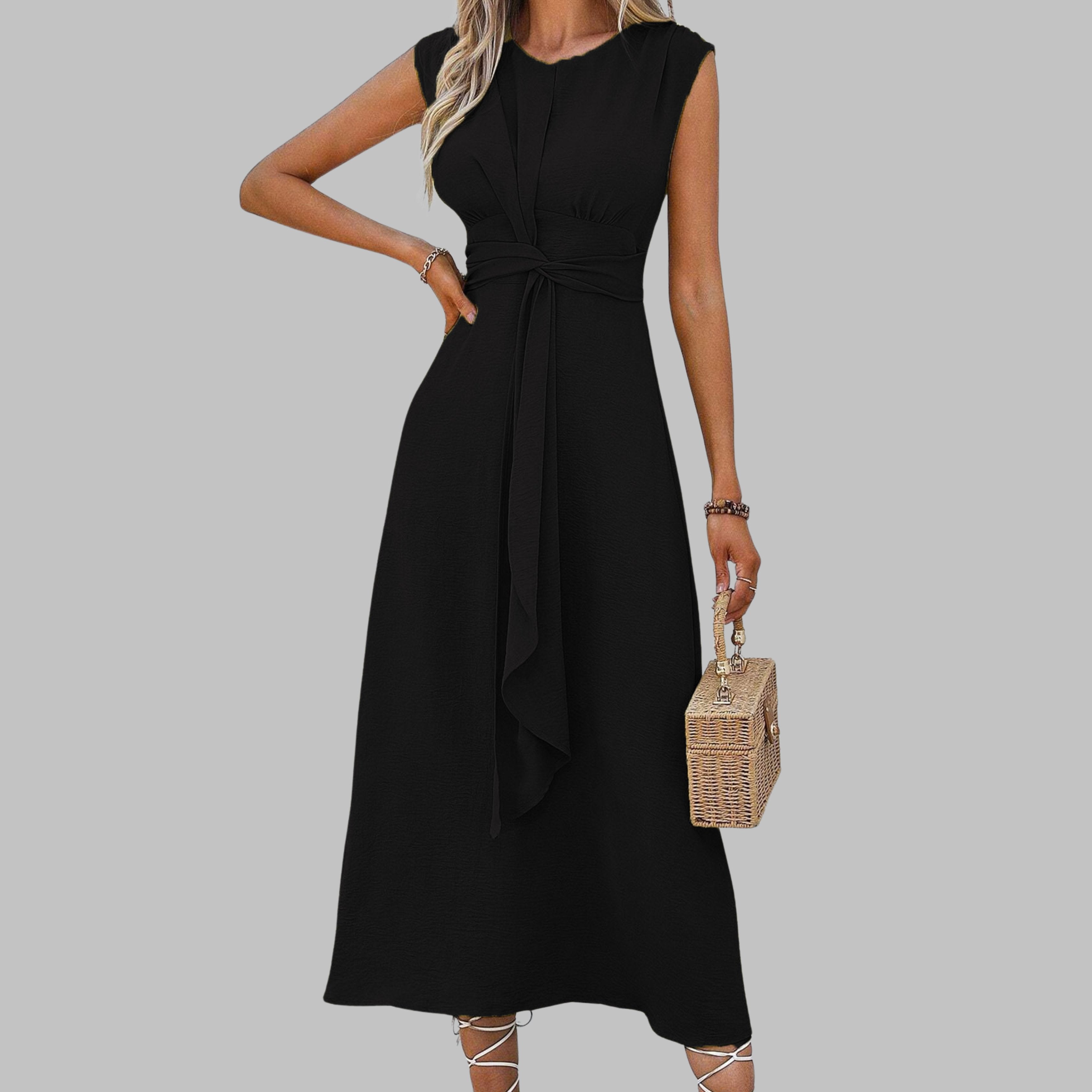 Women's A-Line Midi Dress Sleeveless Self-Tie Belt - Black