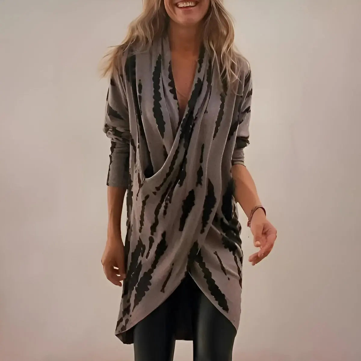 Women's Abstract Print V-Neck Draped Longline Tunic