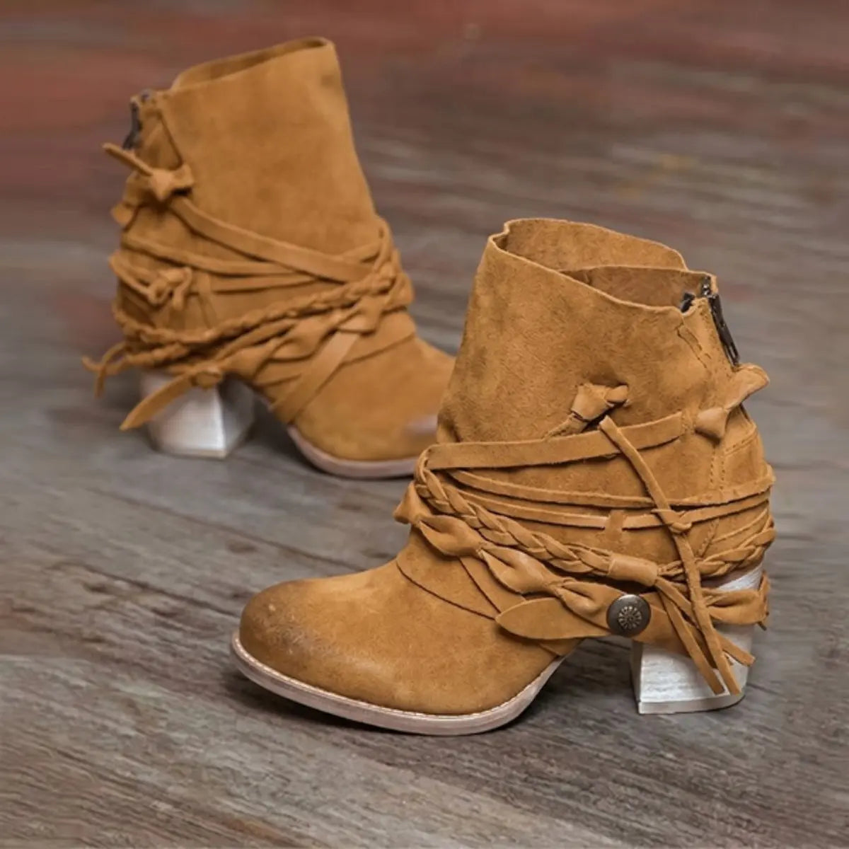 Women's Ankle Boots Faux Suede Western Block Heel Strappy - Brown