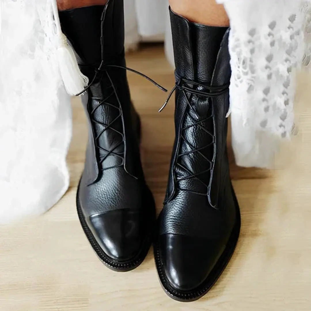 Women's Ankle Boots Lace-Up Leather-Look Mid-Calf - Black