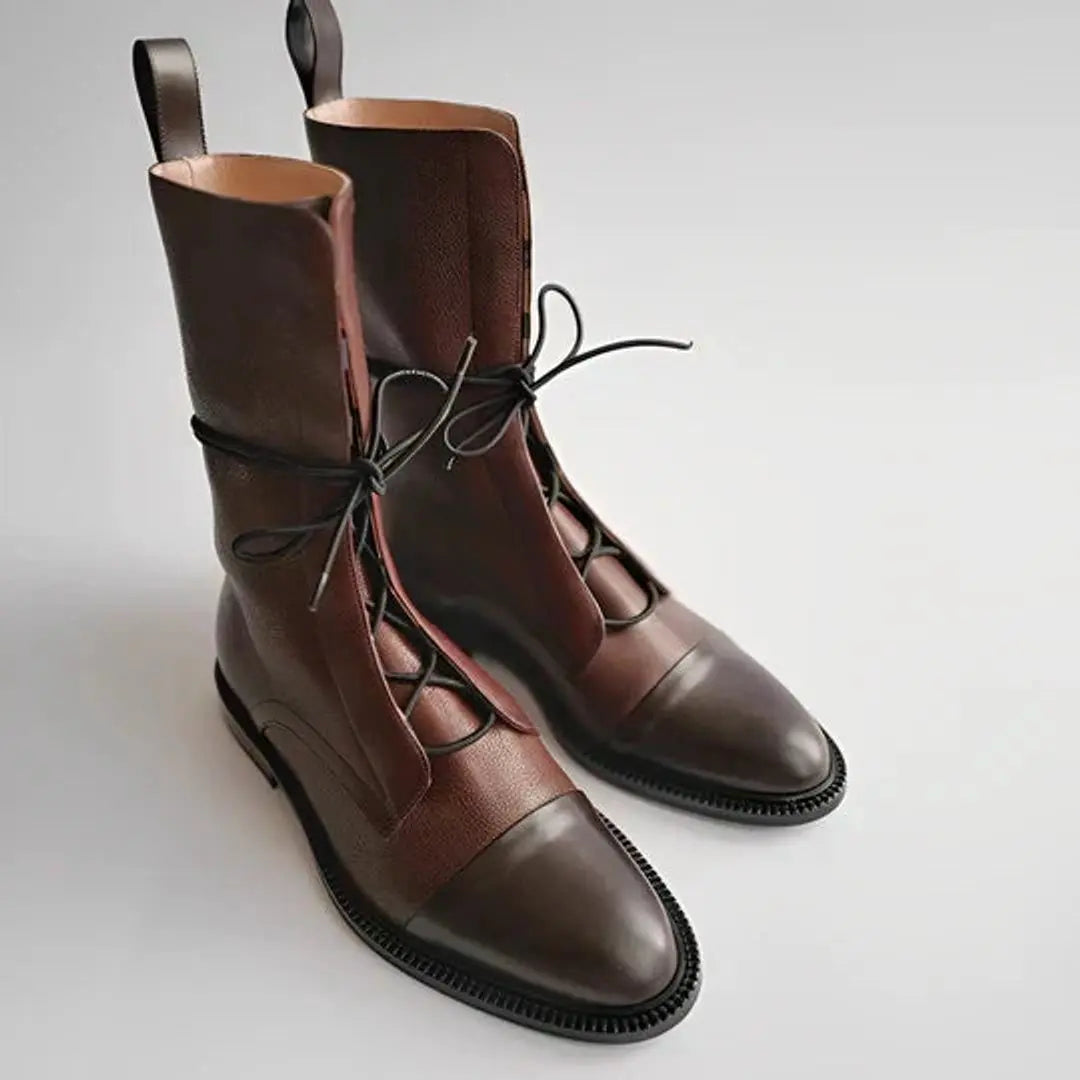 Women's Ankle Boots Lace-Up Leather-Look Mid-Calf