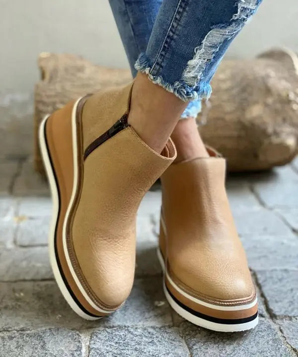 Women's Ankle Boots Platform Waterproof Side Zip Orthopedic - Beige