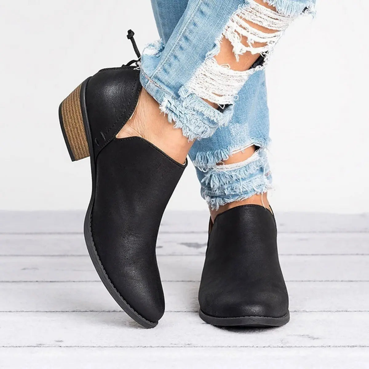 Women's Ankle Boots Slip-On Block Heel Vintage Booties - Black