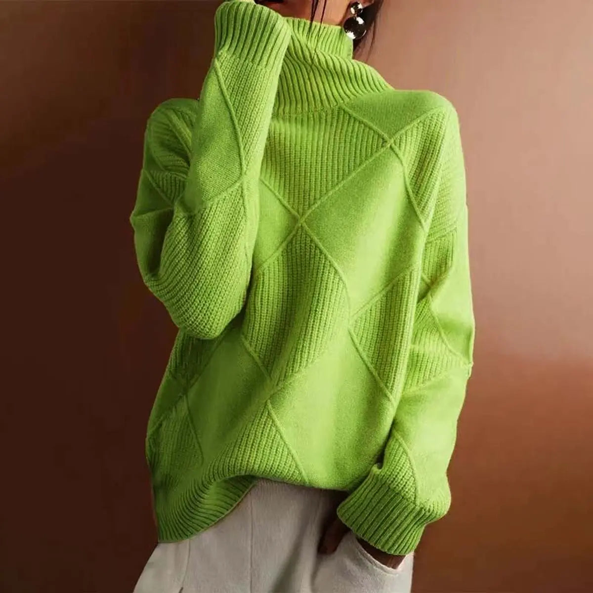 Women's Argyle Knit Turtleneck Sweater Relaxed Fit Jumper