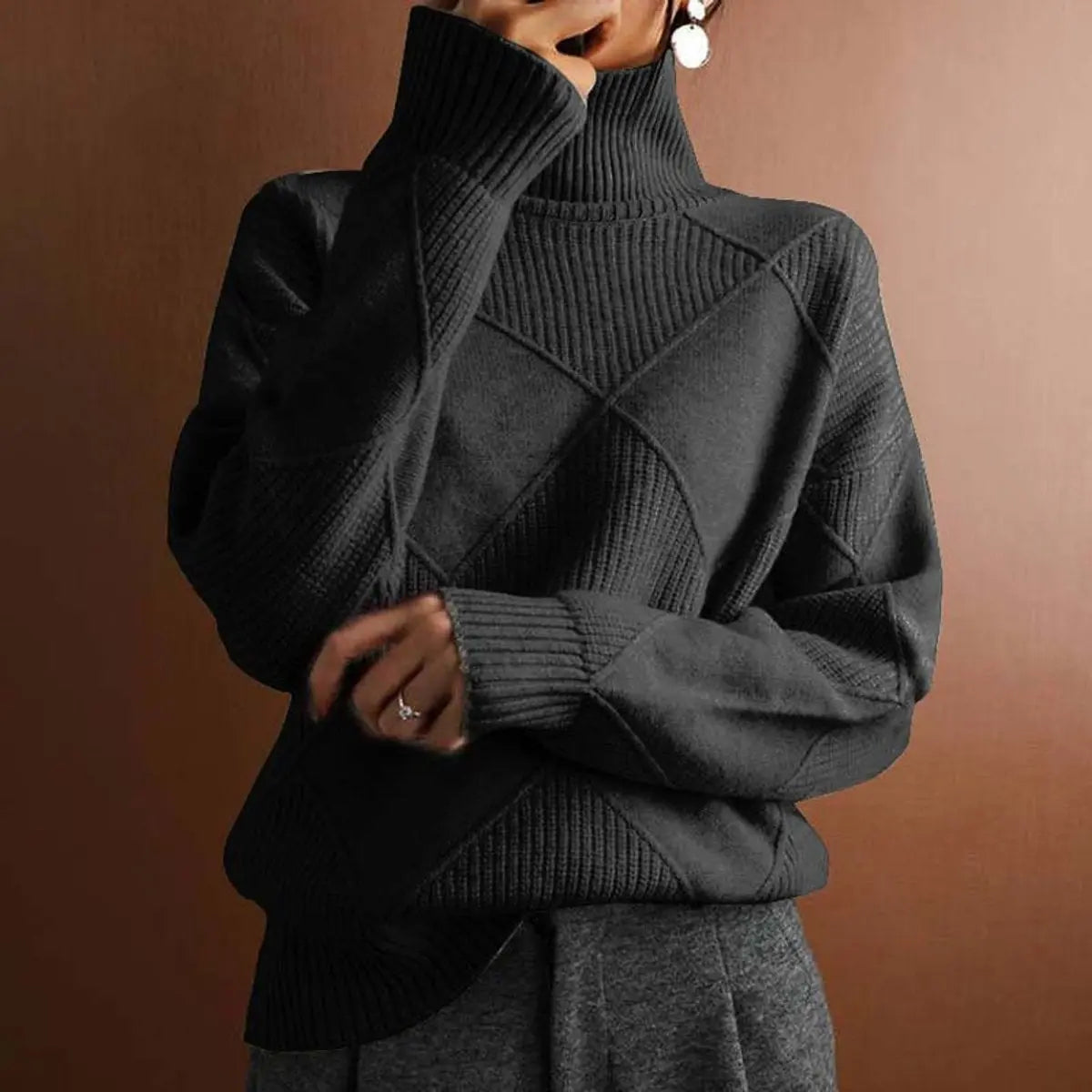 Women's Argyle Knit Turtleneck Sweater Relaxed Fit Jumper - Black