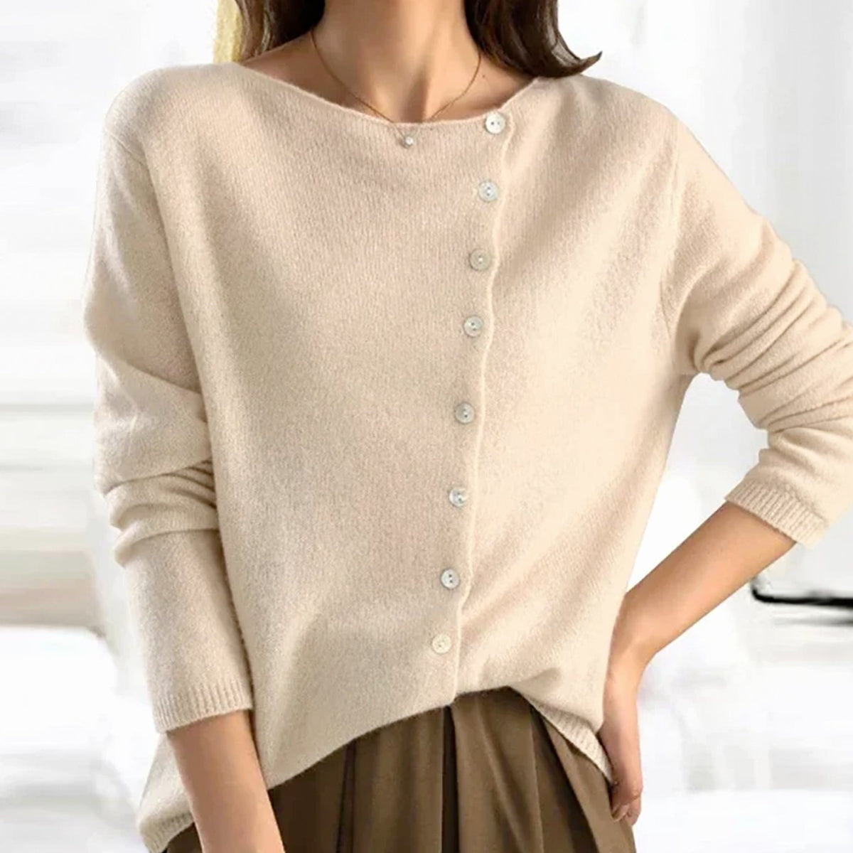 Women's Asymmetric-Button Soft-Knit Cardigan - Beige