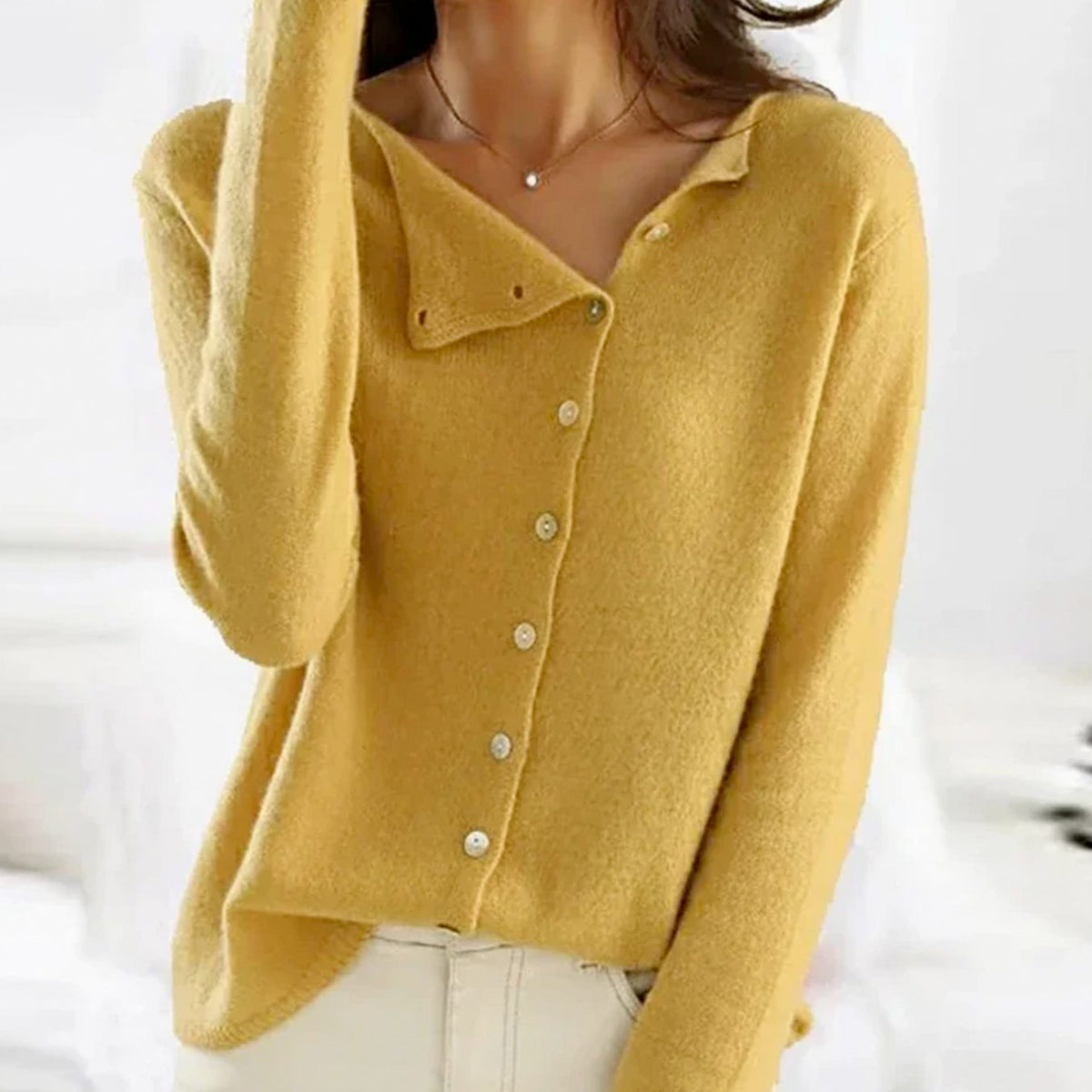Women's Asymmetric-Button Soft-Knit Cardigan - Yellow
