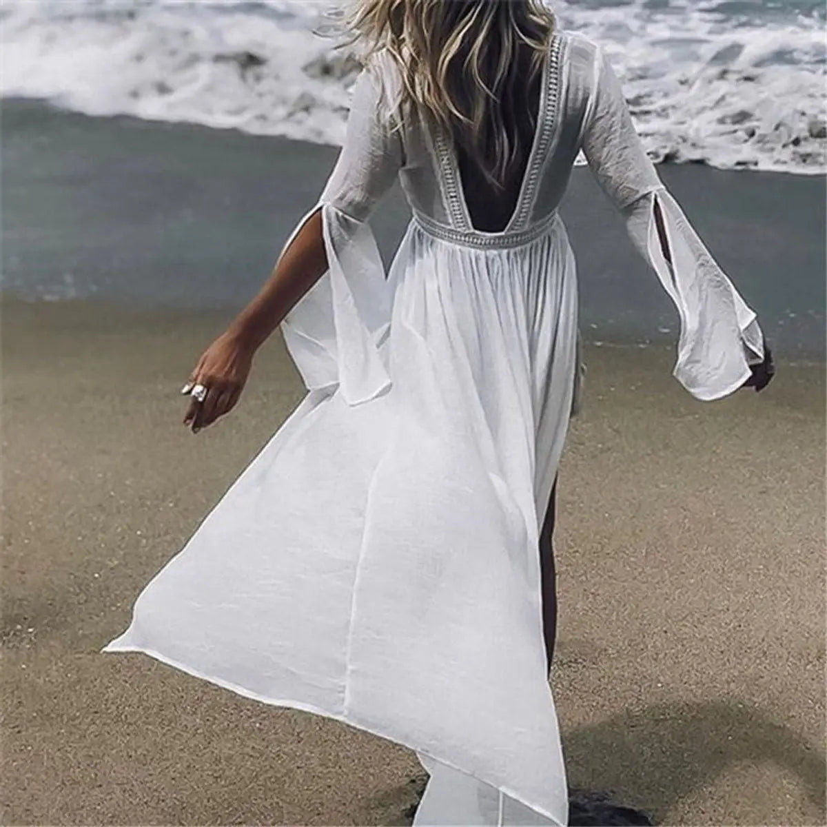 Women's Backless Flare-Sleeve Maxi Beach Tunic Dress