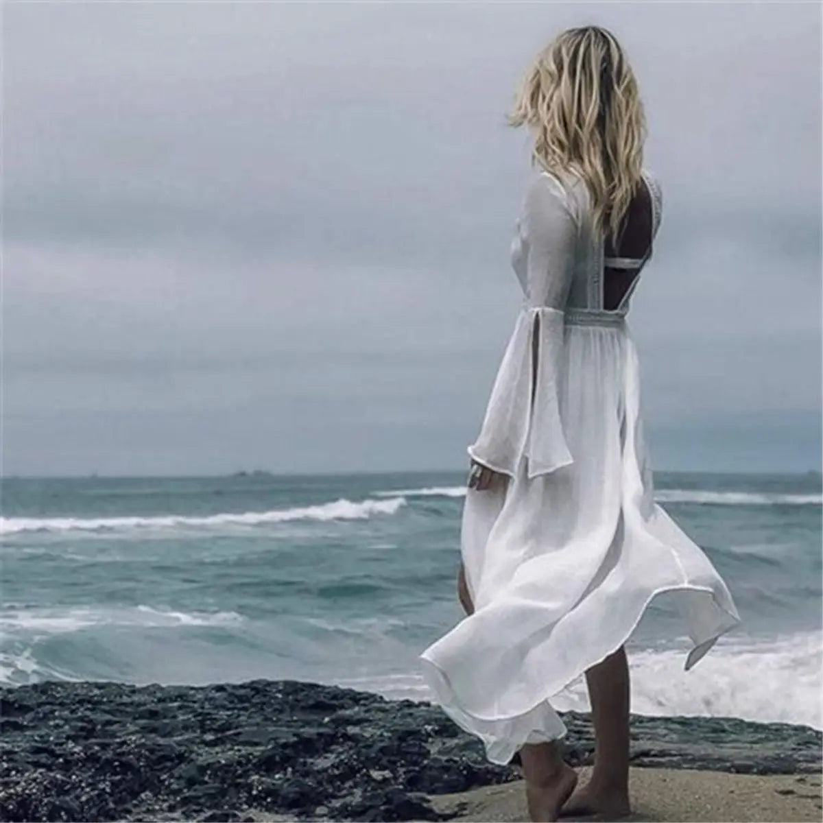 Women's Backless Flare-Sleeve Maxi Beach Tunic Dress
