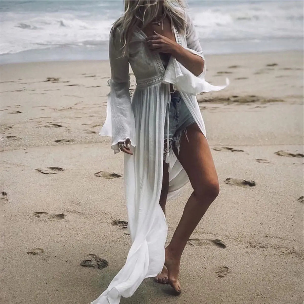 Women's Backless Flare-Sleeve Maxi Beach Tunic Dress