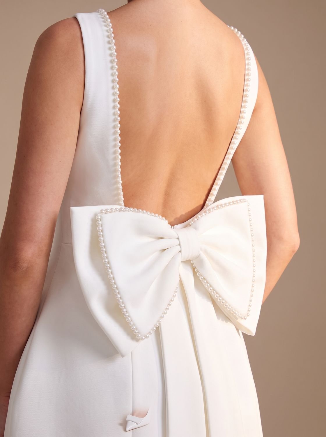 Women's Backless Pearl-Trim Bow Mini Dress
