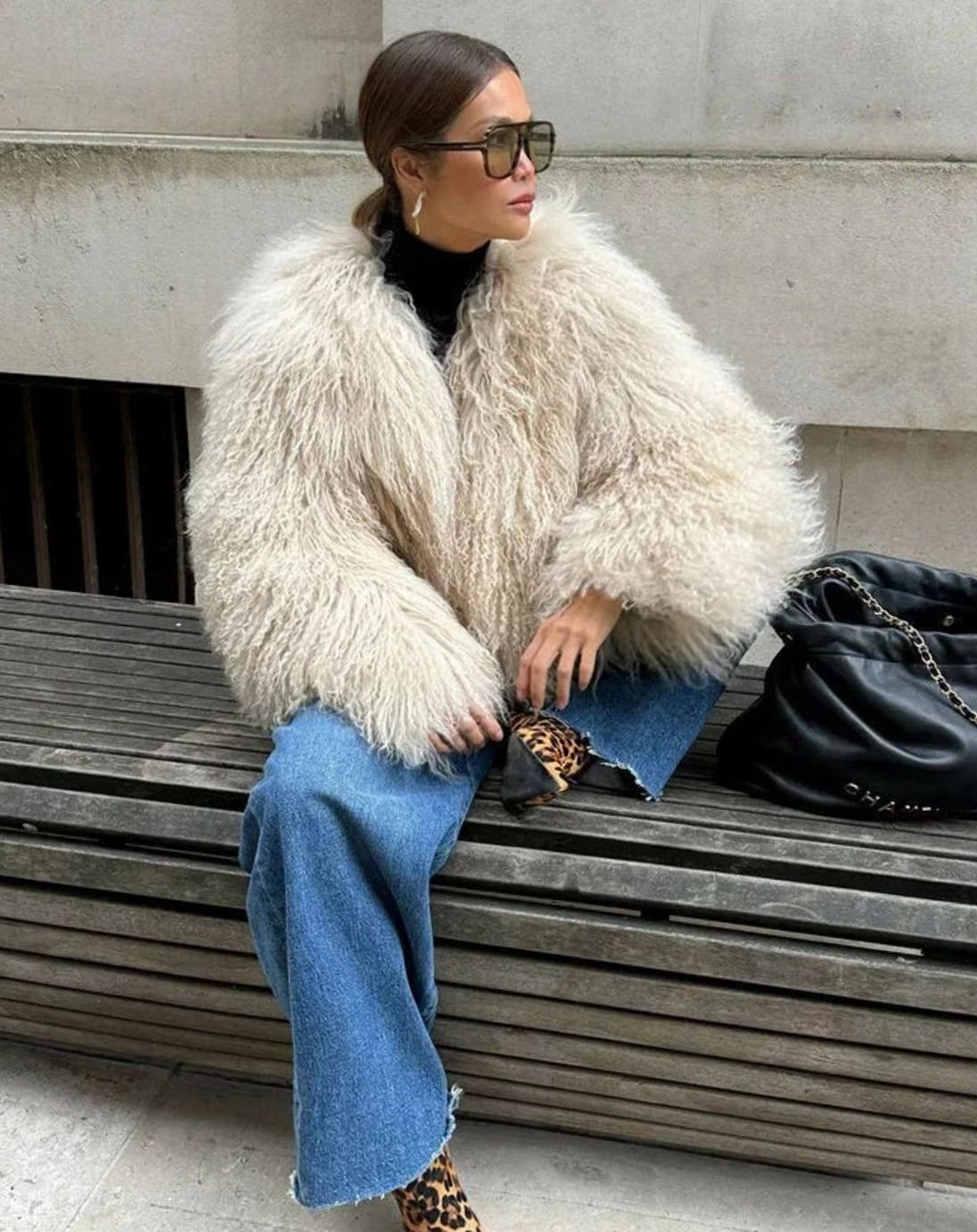 Women's Beige Fluffy Faux Fur Long-Sleeve Coat