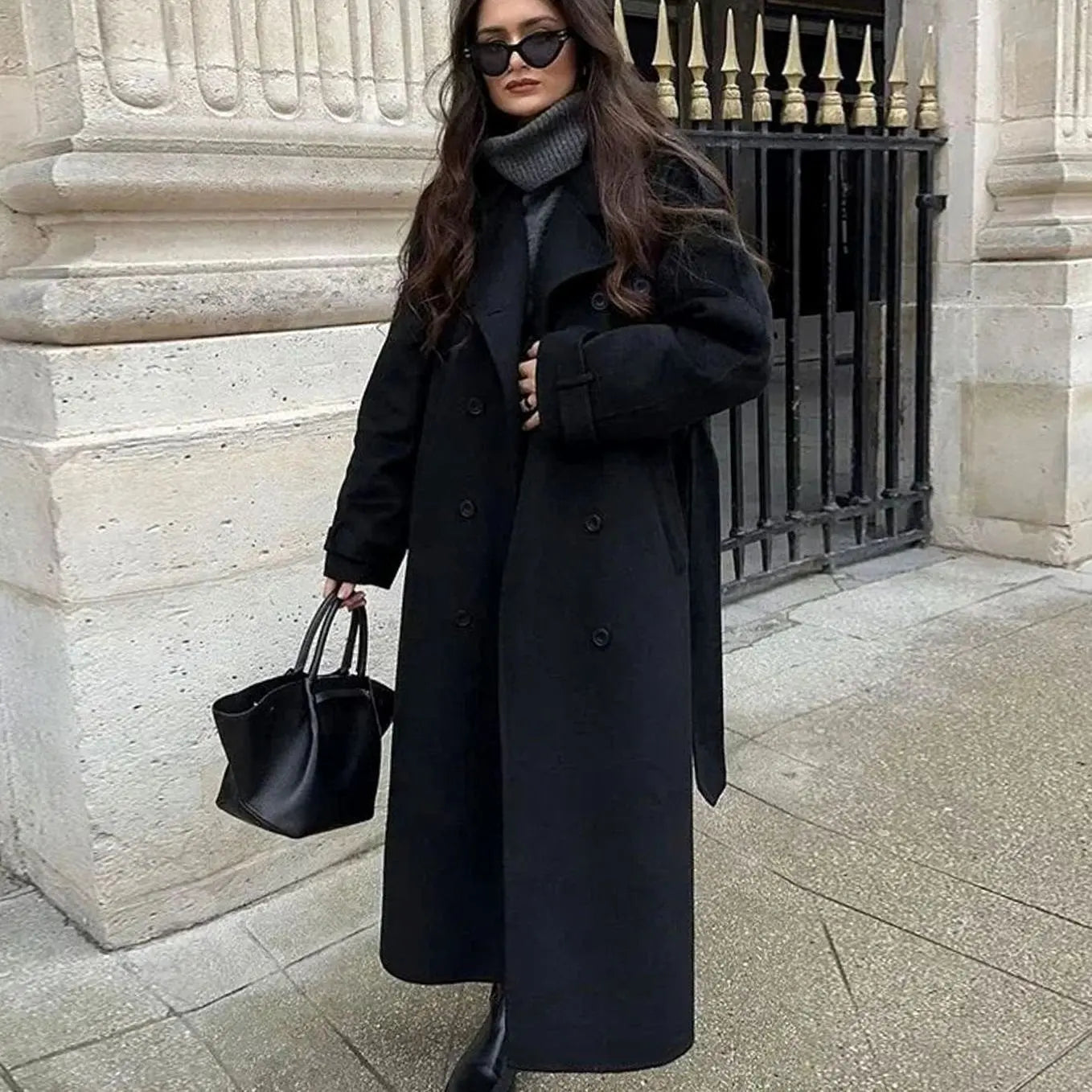 Women's Belted Button-Front Mid-Length Wool Midi Coat - Black