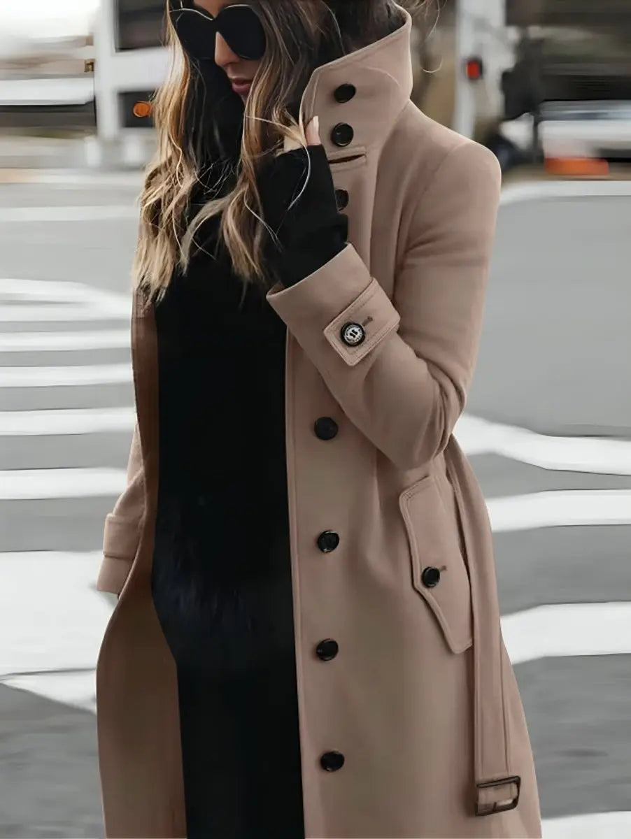Women's Belted Double-Breasted Long Wool-Look Trench Coat - Beige