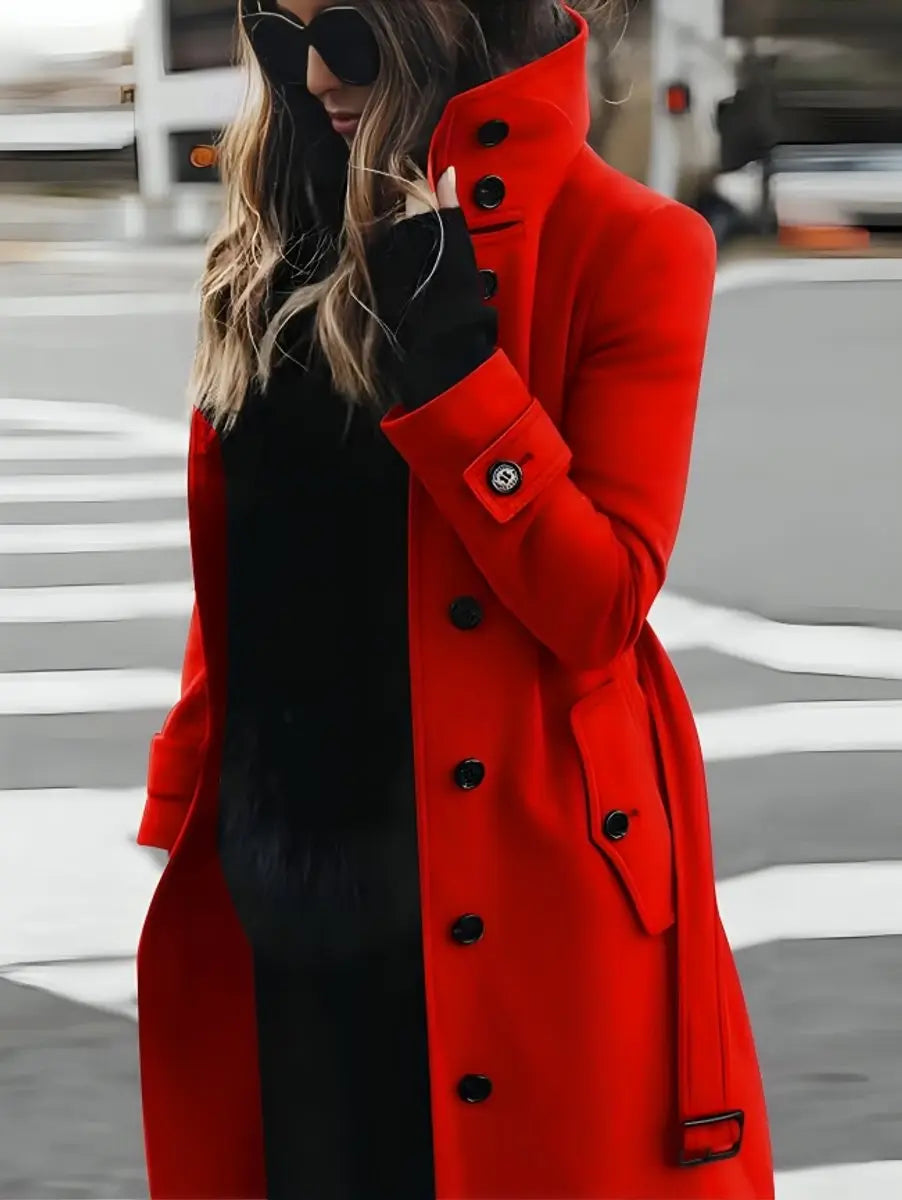 Women's Belted Double-Breasted Long Wool-Look Trench Coat - Red
