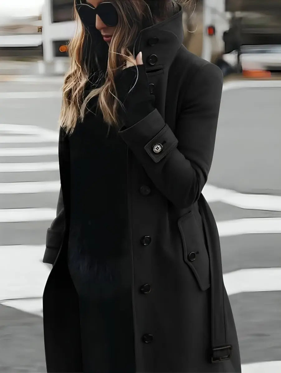 Women's Belted Double-Breasted Long Wool-Look Trench Coat - Black