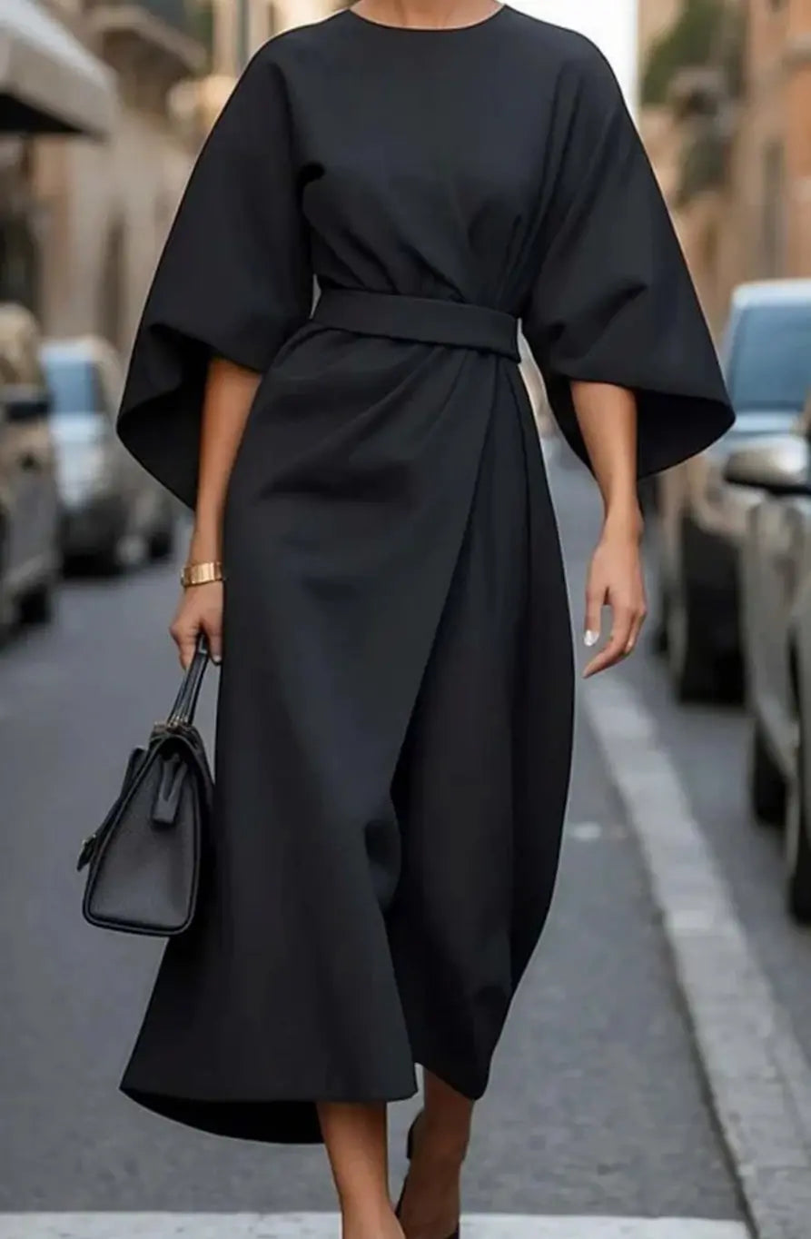 Women's Belted Kimono-Sleeve Midi Elegant Dress