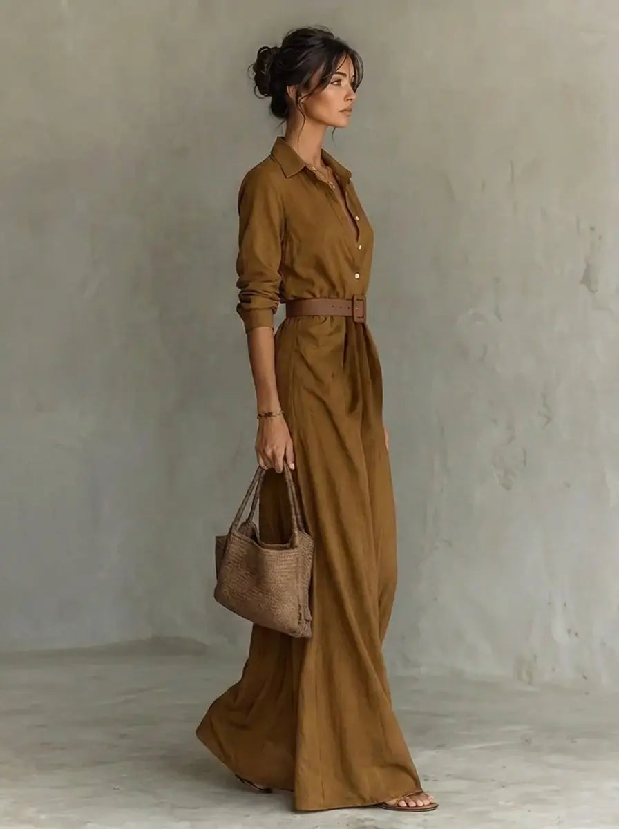 Women's Belted Maxi Long Sleeve Dress Shirt Collar Flowy