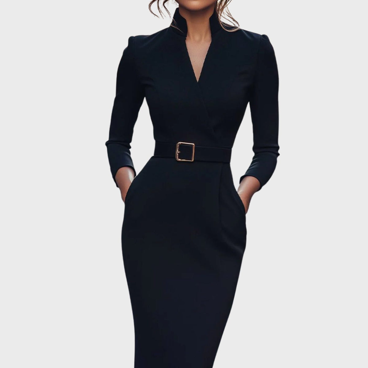Women's Belted Pencil Midi Dress V-Neck Three-Quarter Sleeve