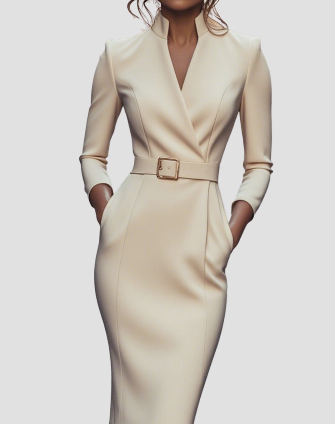 Women's Belted Pencil Midi Dress V-Neck Three-Quarter Sleeve - Apricot