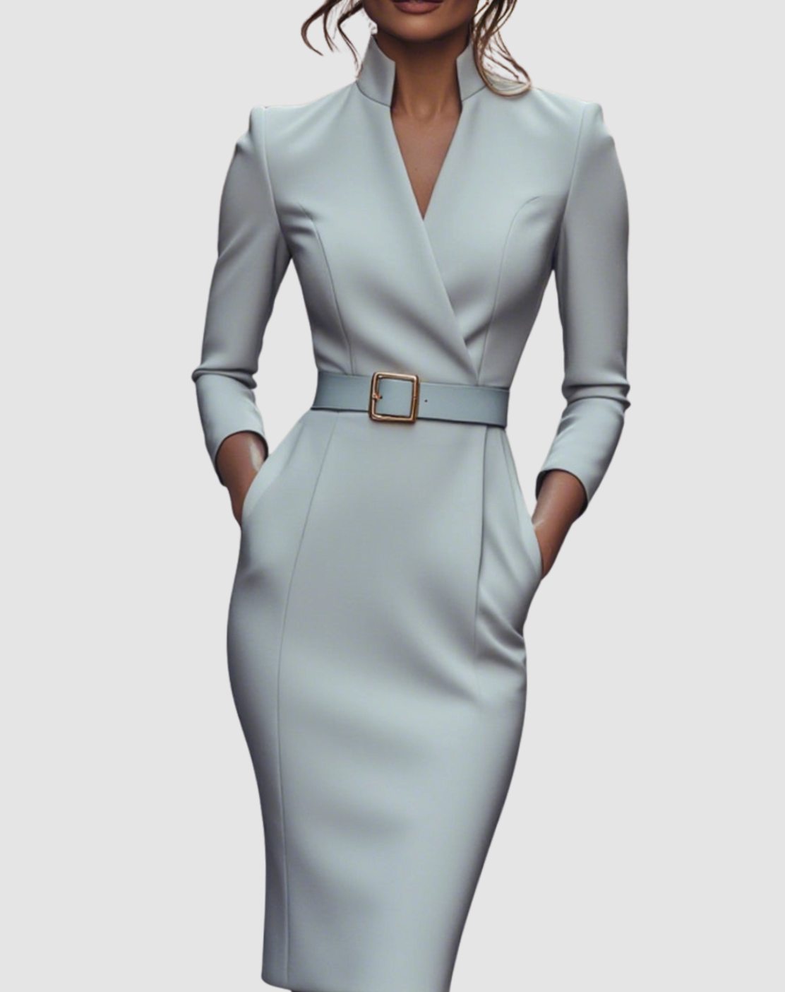 Women's Belted Pencil Midi Dress V-Neck Three-Quarter Sleeve - Grey