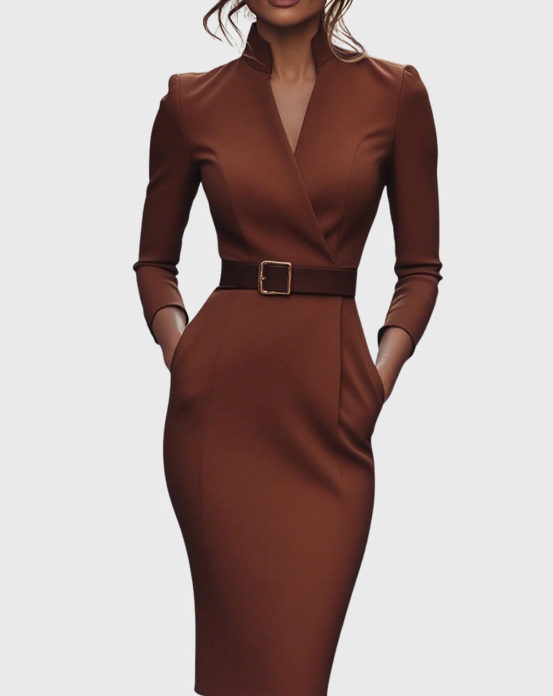 Women's Belted Pencil Midi Dress V-Neck Three-Quarter Sleeve - Brick Red