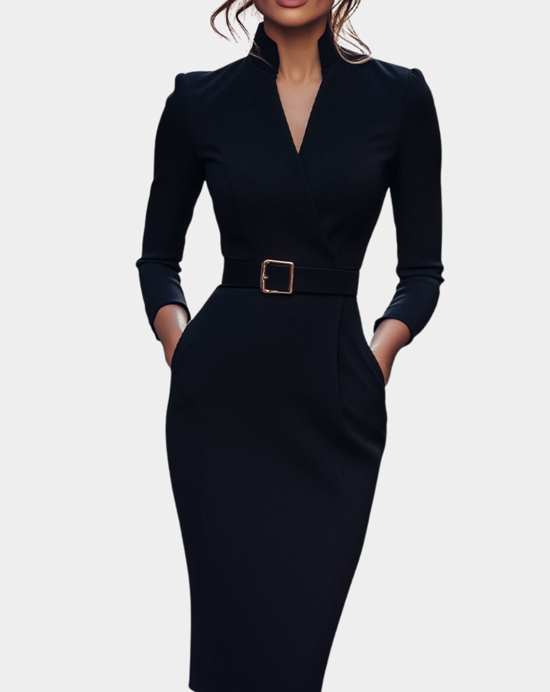 Women's Belted Pencil Midi Dress V-Neck Three-Quarter Sleeve - Black