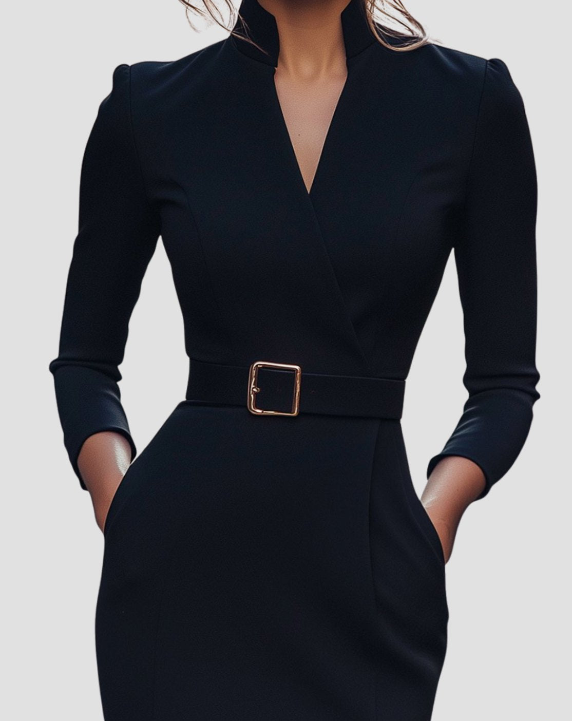Women's Belted Pencil Midi Dress V-Neck Three-Quarter Sleeve