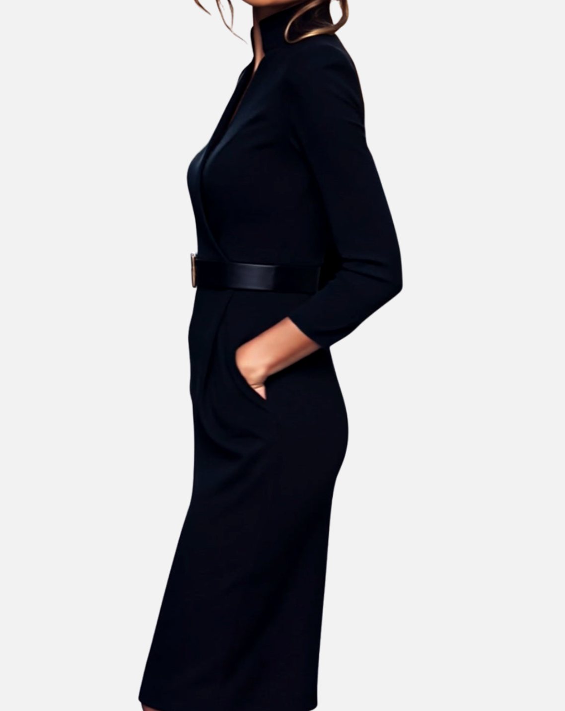 Women's Belted Pencil Midi Dress V-Neck Three-Quarter Sleeve