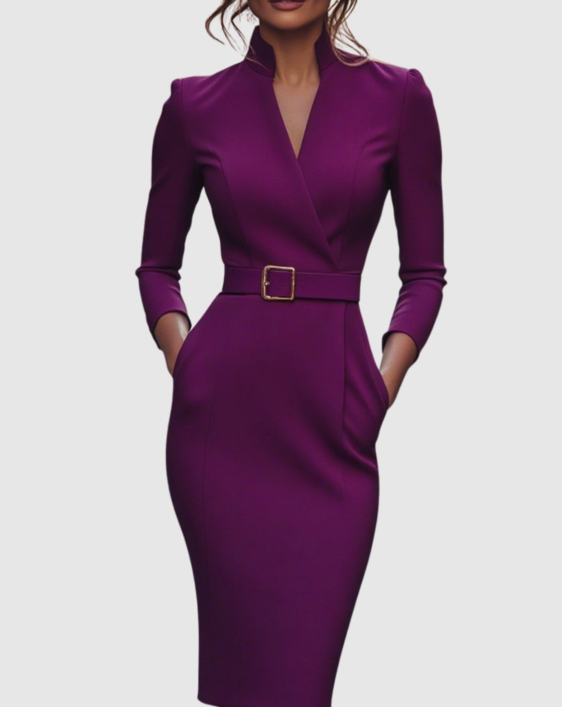 Women's Belted Pencil Midi Dress V-Neck Three-Quarter Sleeve