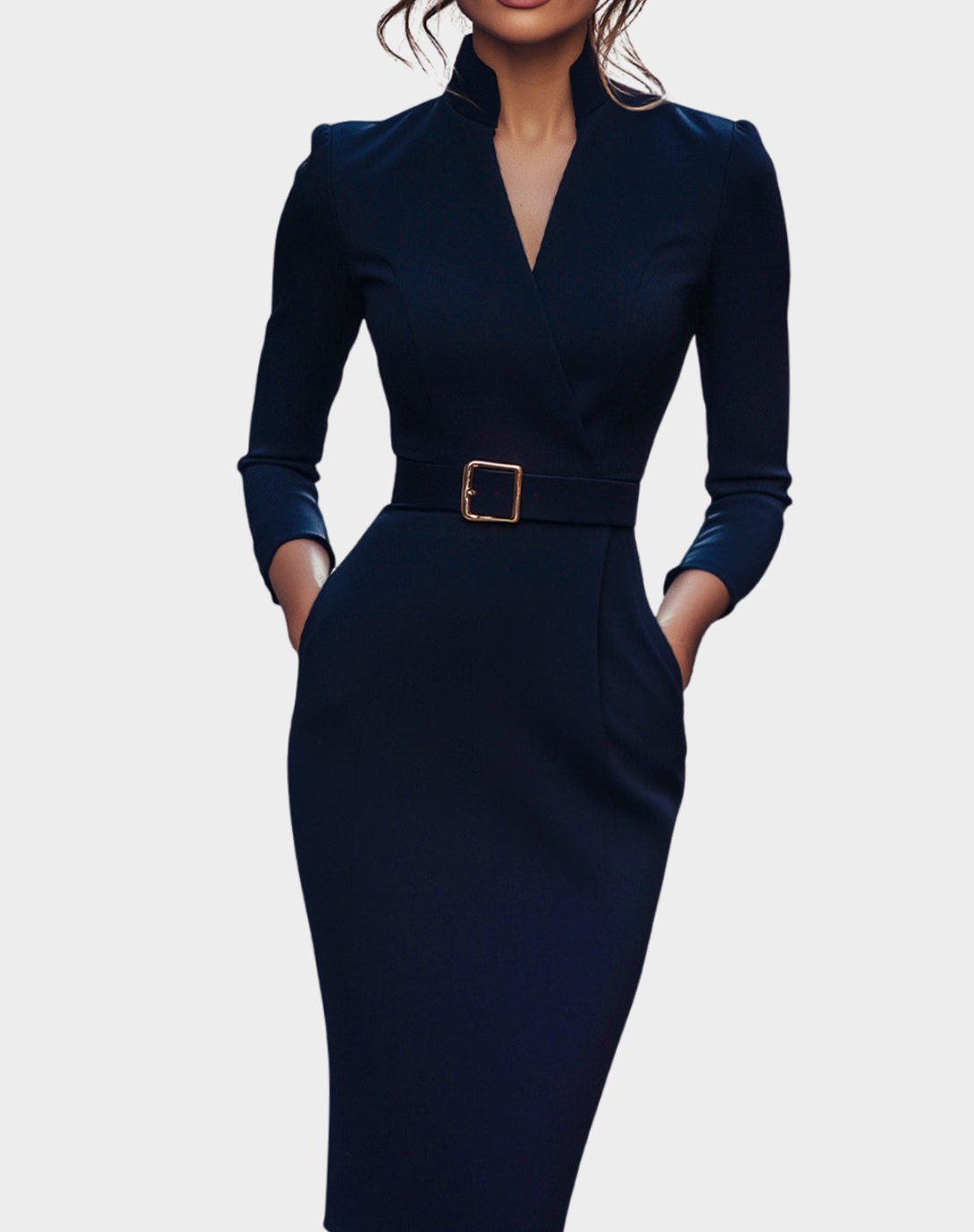 Women's Belted Pencil Midi Dress V-Neck Three-Quarter Sleeve - Navy Blue
